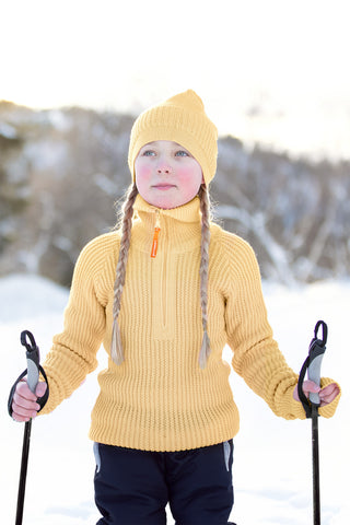 Lanullva Hustadvika 2.0 Ullgenser Half Zip Junior, Smørblomst