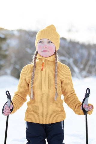 Lanullva Hustadvika 2.0 Ullgenser Half Zip Junior, Smørblomst