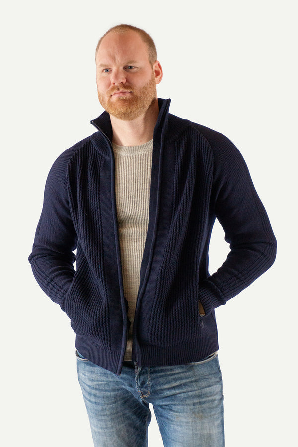Lanullva Klassisk 2.0 Tykk Ullcardigan Herre Zip, Nattblå