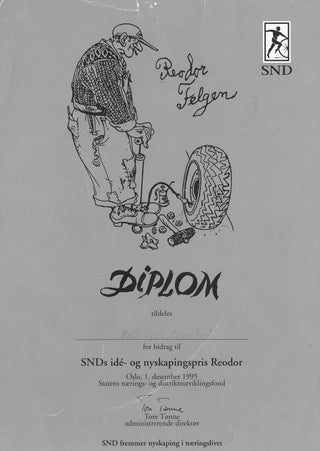 Diplom for SNDs idé- og nyskapingspris Reodor 1995